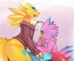 anthro avian beak bird biyomon black_sclera blue_eyes blush canine claws cum digimon eye_contact eyes face_markings fellatio female flamedramon fox fur furry looking_at_another male markings mouth open_mouth oral penis renamon simple_background straight sweater tail threesome tongue tsampikos