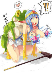 big_belly blue_hair blush bonsuke boots breast_sucking breasts clothed_sex clothing creature_inside double_breast_sucking dragon_quest dragon_quest_iii dress female frog gloves inflation large_breasts monster sage_(dq3) slime slime_inflation staff tiara torn_clothes translation_request zoophilia