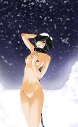 anns_garden arm_up armpits bangs black_eyes black_hair blurry body_blush bondage breasts chains collar dark_nipples depth_of_field female flat_chest hair_over_one_eyes hand_behind_head leaning_back looking_up navel night night_sky nipples nude outdoors parted_lips public_nudity pussy short_hair snow snowing solo standing swept_bangs uncensored