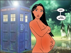 1girls 4:3_aspect_ratio black_hair black_hair_female breasts col_kink covering covering_breasts crossover dark-skinned_female dark_skin disney disney_princess doctor_who female female_only human long_black_hair long_hair long_hair_female native_american nature nature_background nude pocahontas pocahontas_(character) pregnant ready_to_pop solo tardis three-quarter_portrait what