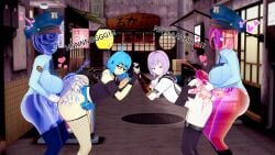 2boys 2futas 2girls 3d ass back_view backsack big_ass big_breasts big_penis black_eyes blue_hair bottomless bottomless_female bottomless_male choker cumming cumming_on_ass femboy fishnet_legwear fishnet_stockings fishnets futa_on_femboy futa_on_male futanari glasses gun handholding hiderlink20 koikatsu leg_lift mole mole_on_ass police police_officer police_uniform policewoman purple_eyes slime slime_(substance) slime_girl slime_monster slime_on_ass white_hair