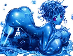 1girls ass blue_hair blue_skin breasts bubble chikokuma female female_only goo goo_girl monster_girl open_mouth purple_eyes shiny slime slime_girl solo