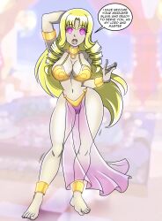 absurdres barefoot big_breasts blonde_hair breasts cleavage dancer dancer_girl dancer_outfit expressionless female female_only femsub glowing glowing_eyes harem harem_girl harem_outfit long_hair original princess_caelia_(kachopper9) standing text thick_thighs zorro-zero