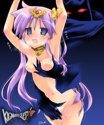 arms_up blue_eyes blush breasts dragon_quest empty_eyes fingering grope groping high_resolution kagami_hiiragi long_hair lucky_star male_hand monster nipples nude nyanmilla parody purple_hair small_breasts tear translation_request trembling