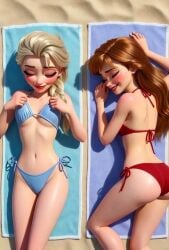 2girls ai_generated ai_voice_acted animated anna_(frozen) bikini blonde_hair body_writing dark-skinned_male elsa_(frozen) frozen_(film) interracial light-skinned_female red_hair sound tagme video