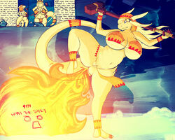 2011 abstract_background angry anthro ass big_breasts blonde_hair blue_eyes bottomless breasts chubby cleavage dragon english_text female fire fire_fart hair herro hindpaw huge_breasts loincloth long_hair looking_down nails navel nude paws pussy skimpy standing tail text thighs wide_hips yellow