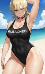 1girls ai_generated armpits ass beach bleached blonde blonde_female blonde_hair blue_eyes choker female_focus hellsing hjqjjwbeb large_breasts qoh queen_of_hearts queen_of_hearts_necklace raceplay seras_victoria solo swimsuit tagme