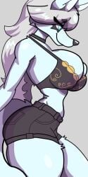1:2 alternative_fashion anthro arctic_fox big_breasts black_bottomwear black_clothing black_shorts blade_dumdum bottomwear bra breasts canid canine cheek_tuft clothed clothed_anthro clothed_female clothing collar denim denim_bottomwear denim_clothing denim_shorts eyebrow_through_hair eyebrows facial_tuft female fox fur goth hair mammal sarah_(blade_dumdum) shorts side_view simple_background small_waist solo thick_thighs translucent translucent_hair true_fox tuft underwear white_body white_fur