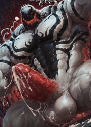 1boy ai_generated anti_venom_(marvel) bara barazoku chubby cum drvlar gay male male_focus male_only marvel marvel_comics monster muscular muscular_male penis smug solo venom venom_(marvel) yaoi