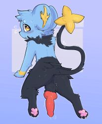 anus balls black_body black_fur blue_body blue_fur fangs feral fur gabileafy generation_4_pokemon genitals hi_res knot looking_at_viewer male nintendo paws pokemon pokemon_(species) shinx simple_background solo tail teeth