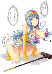 big_belly blue_hair blush bonsuke boots breast_sucking breasts clothing creature_inside double_breast_sucking dragon_quest dragon_quest_iii dress female gloves inflation large_breasts monster sage_(dq3) slime slime_inflation staff tiara torn_clothes translation_request