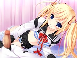 blonde_hair blush bra censored game_cg makita_maki mecha-con! panties penis sawatari_saki seifuku striped striped_panties tied_hair twintails underwear