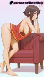 1girls 2025 ai_generated areola_slip artist_name barefoot bent_over big_breasts breasts bust chest dress electroworld feet female head_rest heart hi_res high_quality high_resolution highres kono_subarashii_sekai_ni_shukufuku_wo! large_breasts megumin no_bra patreon patreon_logo patreon_username red_eyes shirt sideboob smile solo spoken_heart stable_diffusion table watermark