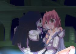 blush breast_grab breasts brown_eyes clothing dark_souls darkwraith female fromsoftware kissing monster open_mouth pink_hair saliva short_hair skeleton tears torn_clothes