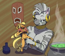 2013 anthro applejack_(mlp) bottle breasts cauldron doll earth_pony equine ethanqix female fingering friendship_is_magic horse jewelry mask mohawk my_little_pony nipples pony pussy pussy_juice sex size_difference smile smooth_skin stripes tribal western_art yuri zebra zecora_(mlp)