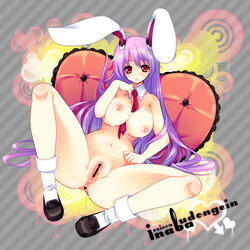 1girls animal_ear anklehighs breasts bunny_ear censored cum female footwear fur huge_breasts long_hair nude panties pillow pointless_censoring purple_hair pussy reisen_udongein_inaba shima_chiyo shoes sitting socks solo spread_legs spread_pussy touhou turn_cuff_socks underwear very_long_hair white_legwear white_socks