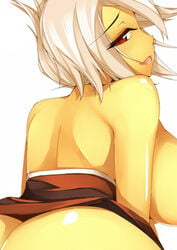 ass back bent_over blurry dean from_behind highres league_of_legends looking_back naughty_face nude_female open_mouth red_eyes riven short_hair silver_hair simple_background smile solo topless