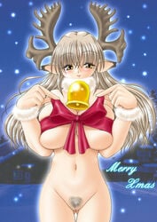 animal_ears antlers breasts brown_hair christmas deer_ears deergirl futaba_morishita huge_breasts long_hair pubic_hair ribbon yellow_eyes