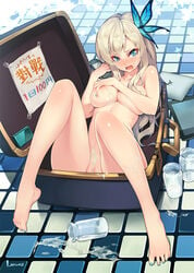 1girls areolae background blonde_hair blush boku_wa_tomodachi_ga_sukunai breasts butterfly_hair_ornament color covering covering_breasts cum cum_on_body cum_on_breasts cum_on_upper_body embarrassed feet female female_only green_eyes hair_ornament human in_box in_container ipad large_breasts long_hair lvans nail_polish nintendo nintendo_3ds nude nude_cover open_mouth playstation psp pussy sena_kashiwazaki solo sony suitcase tiles toenail_polish uncensored