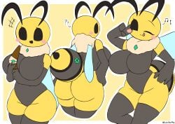 absurd_res antennae_(anatomy) anthro armwear arthropod arthropod_abdomen ass bee big_breasts big_butt biped blush boomerang breasts bug_fables clothed clothing diana_(woebeeme) elbow_gloves fan_character female front_view gloves grey_clothing hand_on_hip handwear heart_symbol hi_res holding_object hymenopteran insect_wings insects legwear leotard looking_at_viewer moonsprout_games musical_note musical_symbol neck_tuft one_eye_closed outline question_mark rear_view signature simple_background solo symbol text thigh_highs tuft white_outline wings wink woebeeme yellow_background yellow_body