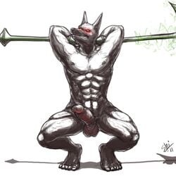 abs anthro balls big black buffed canine crouching deity egyptian flexing fur furry furry_only grin jackal league_of_legends male male_only monochrome muscles nasus nude penis polearm pose red_eyes riot_games showing_off simple_background staff white_background yellowpower