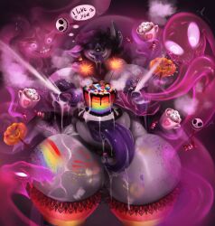 absurd_res anthro bat belly_mouth big_breasts bodily_fluids breasts cake clothing cunnilingus demon demon_humanoid dessert female food fyrtila_wraithrend_(morphide) genitals hi_res huge_breasts humanoid illusion lactating legwear lgbt_pride long_tongue magic magic_user mammal milk nipple_mouth oral passionatevesta piercing pride pride_colors pussy sex slightly_chubby solo stockings suid suine thick_thighs tongue vaginal_penetration vulva