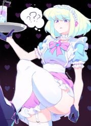 1boy 1femboy absolute_territory androgynous blonde_hair bob_cut bow collar crossdressing dress exclamation_point femboy femboy_only feminine_faced_male feminine_male frills girly lio_fotia maid maid_headdress maid_outfit maid_uniform male_maid oyasaiiis petite petite_body petite_male pov promare questionable short_hair short_male skirt slim slim_male slim_waist solo stockings suggestive sweat sweatdrop sweating thick_thighs thighhighs thin_waist twink