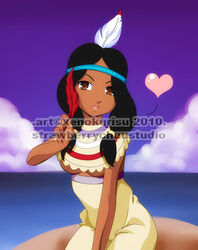 black_hair breasts brown_eyes clothing cute dark_hair dark_skin disney feathers heart native_american navel peter_pan_(disney) smile tiger_lily underboob xenokurisu