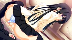 ass ayanokouji_aoi black_hair black_legwear black_skirt blush censored clothing cowgirl_position dutch_angle female game_cg indoors kuuchuu_yousai long_sleeves looking_back makai_tenshi_jibril_4 mosaic mosaic_censoring panties panties_aside panty_pull purple_eyes pussy skirt smile squatting striped striped_panties sweat thighhighs underwear