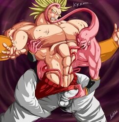 2boys abs broly broly_(dragon_ball_z)_1993 bulge chest dragon_ball dragon_ball_z erection erection_under_clothes gay gold_hair handjob hotcha legendary_super_saiyan licking majin majin_buu male male_only monster monster_boy multiple_boys muscles muscular pecs pink_skin super_buu tentacle tentacle_on_male tentacles_on_male tongue yaoi