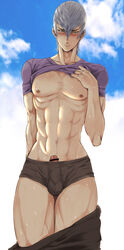 1boy abs backlighting blue_sky blush censored clothing green_eyes grey_hair ishida_mitsunari_(sengoku_basara) looking_at_viewer male_only medo_kyun muscle nipples pecs penis penis_in_panties sengoku_basara shirt_lift solo sweat underwear