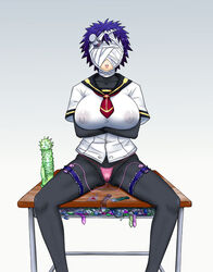 female areolae bandage bandages blue_hair blush breasts clothed condom condom_wrapper desk dildo erect_nipples filled_condom highres insertion isami_jun isamijun kurokami_kujira large_breasts lipstick makeup masturbation medaka_box necktie nipple_piercing nipple_ring nipple_rings nipples panties piercing pink_lipstick pink_panties pussy_juice school_uniform short_hair simple_background sitting solo spread_legs underwear used_condom vaginal_penetration vaginal_penetration vibrator wet_panties