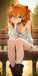 1girls ai_generated ankle_boots asuka_langley_sohryu blue_eyes blush bottomless breasts choker cleavage female fishnet_pantyhose fishnets head_on_hand head_tilt long_hair long_sleeves looking_at_viewer loose_clothes neon_genesis_evangelion off-shoulder_shirt on_bench on_elbows orange_hair outdoors oversized_clothes perfect_body perfect_legs relaxed sexy sitting skinny small_breasts solo suggestive white_shirt