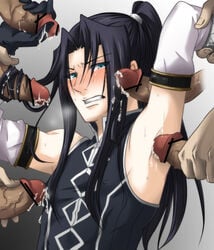 armpit_sex armpits bare_shoulders bishonen black_hair blue_eyes blush censored cum d.gray-man detached_sleeves erect_nipples forced_yaoi gangbang gangrape gay gloves hairjob handjob kanda_yuu long_hair male multiple_penises penis ponytail precum rape restrained simple_background solo_focus sweat tear tied_hair veiny_penis yaoi