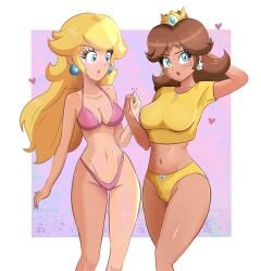 2girls arm_behind_head artist_name big_breasts bikini blonde_hair blue_eyes blush breasts brown_hair busty cleavage confused female female_only heart highres holding_hands large_breasts legs long_hair mario_(series) multiple_girls navel nintendo panties pink_bikini pink_lips princess princess_daisy princess_peach shirt short_hair swimsuit teeth thighs thong thong_bikini tongue underwear voluptuous