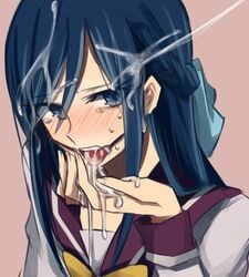 blue_eyes blue_hair blush bondage braid bukkake clothing cum cum_in_mouth cum_on_hair dental_gag dokidoki!_precure facial female femsub gag hair_ribbon half_updo hands hishikawa_rikka open_mouth_gag precure pretty_cure ribbon school_uniform serafuku shokushu_ura simple_background solo