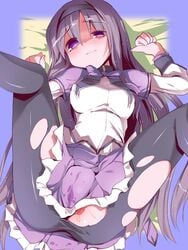 akemi_homura black_hair black_legwear bow cameltoe hairband long_hair lying mahou_shoujo_madoka_magica miuku_(marine_sapphire) no_panties on_back pantyhose purple_eyes pussy_juice skirt solo spread_legs torn_clothes torn_pantyhose uneven_eyes