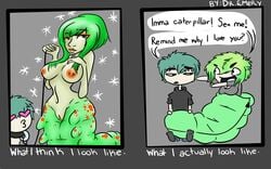 blue_hair breasts caterpillar collar em female green_hair hair human leash male monster_girl nude sleeping_bag