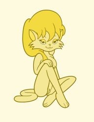 39coit anthro barefoot bedroom_eyes blonde_hair cleo_catillac feet felid female fur genitals hair hand_on_leg looking_at_viewer mammal monochrome narrowed_eyes nude pussy seductive simple_background solo the_catillac_cats yellow_and_white yellow_body yellow_fur