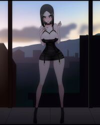 1girls black_choker black_dress black_hair black_nails blue_eyes blush blush choker female garter_straps girl grunge heels hourglass_figure huge_breasts legs lips lipstick long_legs miorapysstics no_bra no_panties oc original original_character simple_background solo solo_focus strap_dress sunrise tiny_waist wide_hips