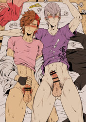 2boys bar_censor bed blush bottomless censored clothing cum cum_on_clothes gay human ishida_mitsunari_(sengoku_basara) lying male masturbation multiple_boys on_back penis pubic_hair sengoku_basara shima_sakon_(sengoku_basara) steam sweat tissue used_tissue yaoi