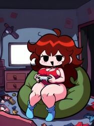 :d ai_generated auburn_hair bedroom big_breasts black_eyes blue_panties blue_socks breasts busty clothed curvy dark_room dirty_clothes dumb_girl female flat_screen_tv friday_night_funkin game_controller girlfriend_(friday_night_funkin) happy indoors long_hair looking_at_viewer messy_hair messy_room mob_face panties pixai red_tank_top shortstack sitting sitting_on_bean_bag socks solo tank_top thick_thighs trash tv wide_hips