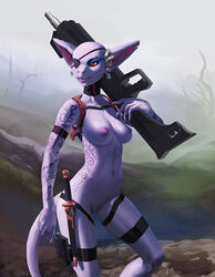 2011 alien armed bald bald_female big_breasts breasts ear_piercing earring eye_patch eyesbrow_piercing eyeswear facial_piercing female gun knife lips lizard long_neck nails nipples nude orange_eyes outside piercing purple pussy ranged_weapon rifle scalie smile solo standing tail tattoo weapon zaggatar