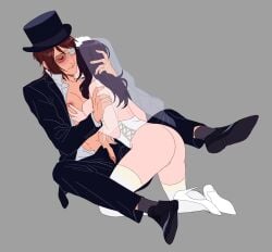 2d 2girls andydraws_ ass attack_on_titan breast_grab breasts breasts_out butch digital_media female female_only grabbing_breasts hange_zoe hanji_zoe lesbian lesbian_couple lesbian_kiss lesbians multiple_girls partially_clothed pieck_finger shingeki_no_kyojin tagme wedding wedding_dress wedding_veil yuri