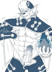 1boy anthro big_penis chrono_cross claws clothing erection fangs feline fur furry kyuuhari lynx_(chrono_cross) male_only monochrome muscles nipples penis pubic_hair smile testicles uhoh veins veiny_penis