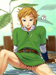 after_sex anus arm_guards bed belt blonde_hair blue_eyes bracelet cum cum_in_ass cum_on_body elf_ears facial fingerless_gloves gloves hat jewelry link link_(skyward_sword) lying male male_only nintendo no_pants open_mouth plant shiwashiwa_no_kinchakubukuru skyward_sword sleepy solo speech_bubble spread_legs the_legend_of_zelda the_legend_of_zelda:_skyward_sword tunic