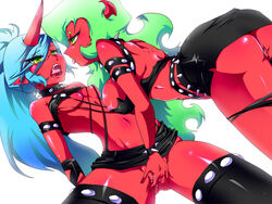 2demons ass belt blue_hair blush breasts choker crop_top cute_fang demon_girl female fingering glasses green_eyes green_hair horn horns incest kneesocks_daemon large_breasts long_hair multiple_girls nabe_(ingenmame) navel nipple_slip nipples no_panties open_mouth panties panty_&_stocking_with_garterbelt panty_pull pointy_ears ponytail pussy pussy_juice pussy_juice_drip red_skin saliva saliva_trail scanty_daemon siblings simple_background sisters skirt small_breasts smile spikes tail thighhighs tied_hair tongue underwear very_long_hair wings yuri zettai_ryouiki