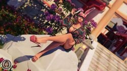 1girls 3d big_ass big_breasts bra brown_eyes bunny_ears cherry_blossoms crossed_legs dress feet fingernails flower green_hair high_heels image image_set kiriko_(overwatch) kitsune kitsune_mask legs long_fingernails long_legs outdoors overwatch overwatch_2 panties pink_nails ponytail sexy_pose sitting sitting_on_rock thick_thighs thighs toes trsensualstudio underwear v_shape watermark