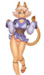 1girls animal_ears blue_eyes blush bottomless cat_ears cat_tail female final_fantasy final_fantasy_xi gochou_(kedama) highres japanese_clothes mithra pink_hair pubic_hair sandals toes