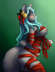 1girls anthro big_breasts blue_hair bondage breasts christmas feline female fur furry hair heart lilyness nipples ribbons solo